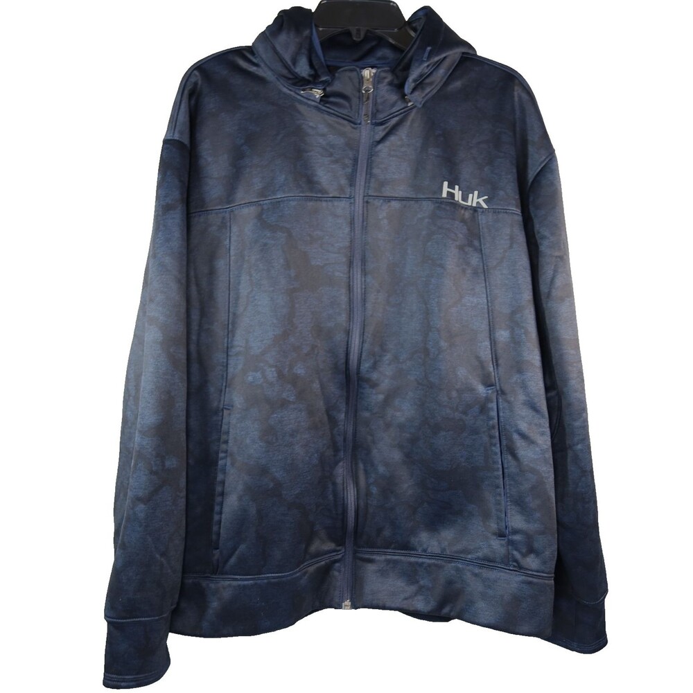 Huk Hoodie Jacket Men XXL Performance Fishing Zip Fleece Sweatshirt Navy Graphic
